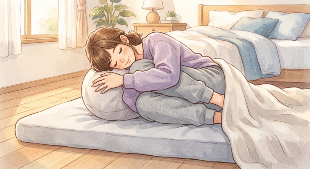 足を抱えて丸まるコンパクトポーズ