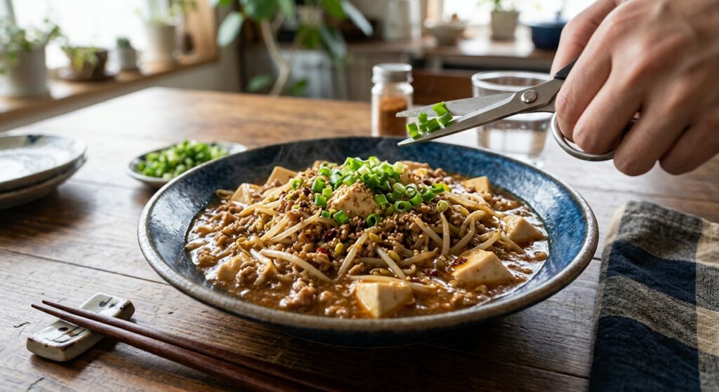 ハサミでチョキチョキ！「もやしと豆腐のレンジ麻婆」
