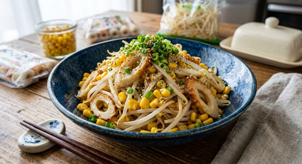 袋のまま味付け！「もやしとちくわの無限コーンバター」