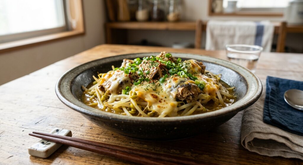 お皿1枚で完結！「もやしとサバ缶のカレーチーズ蒸し」