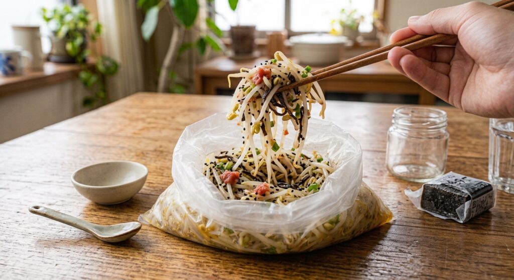 パリパリ食感！「もやしと塩昆布のうめごま和え」