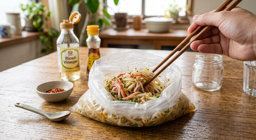 酸味でさっぱり！「もやしとカニカマの中華風甘酢和え」