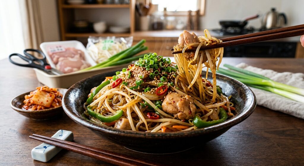 ハサミで切るだけ！鶏もも肉と甘辛もやしチャプチェ