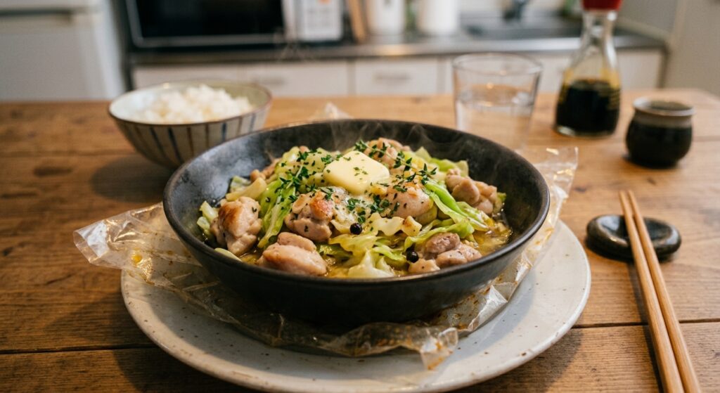【洋風うま味】鶏こま肉とちぎりキャベツのコンソメバター